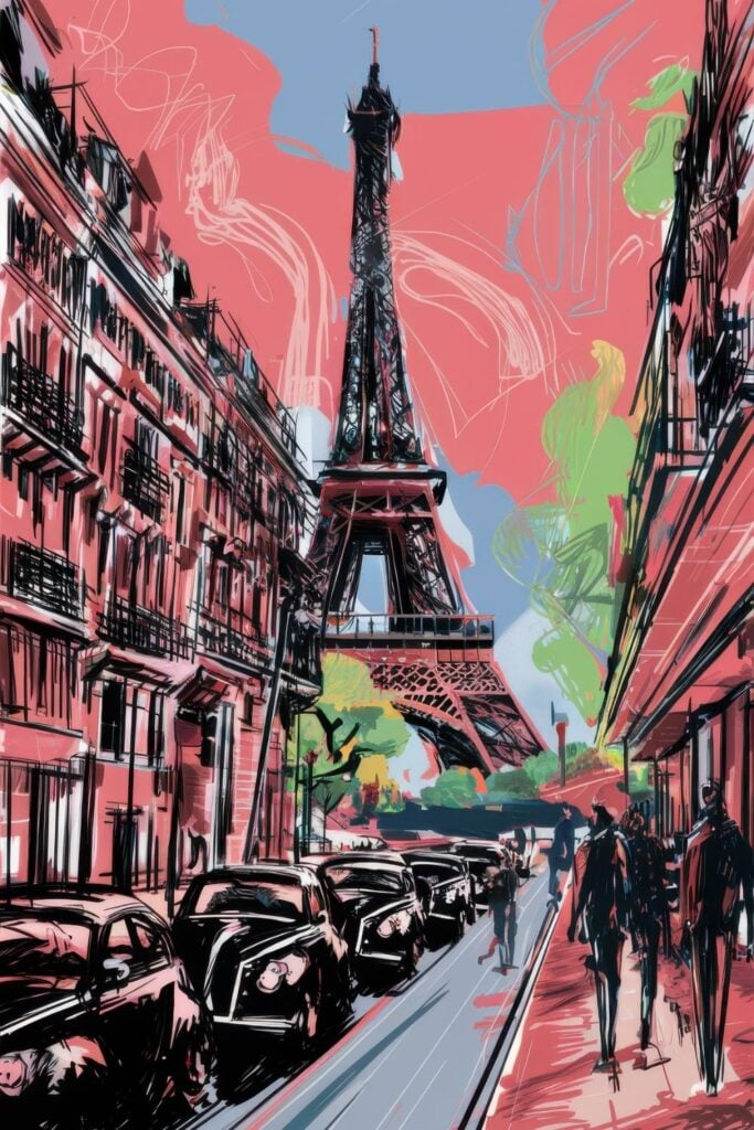 Modern abstract art illustration of a Parisian street with the Eiffel Tower, rendered in vibrant pink and coral tones with sketchy black outlines.