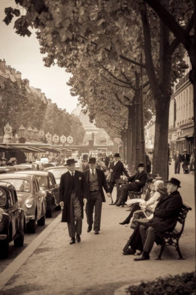 Sepia-toned photograph of a Paris boulevard with men in vintage suits and hats walking alongside parked classic cars with trees and benches.