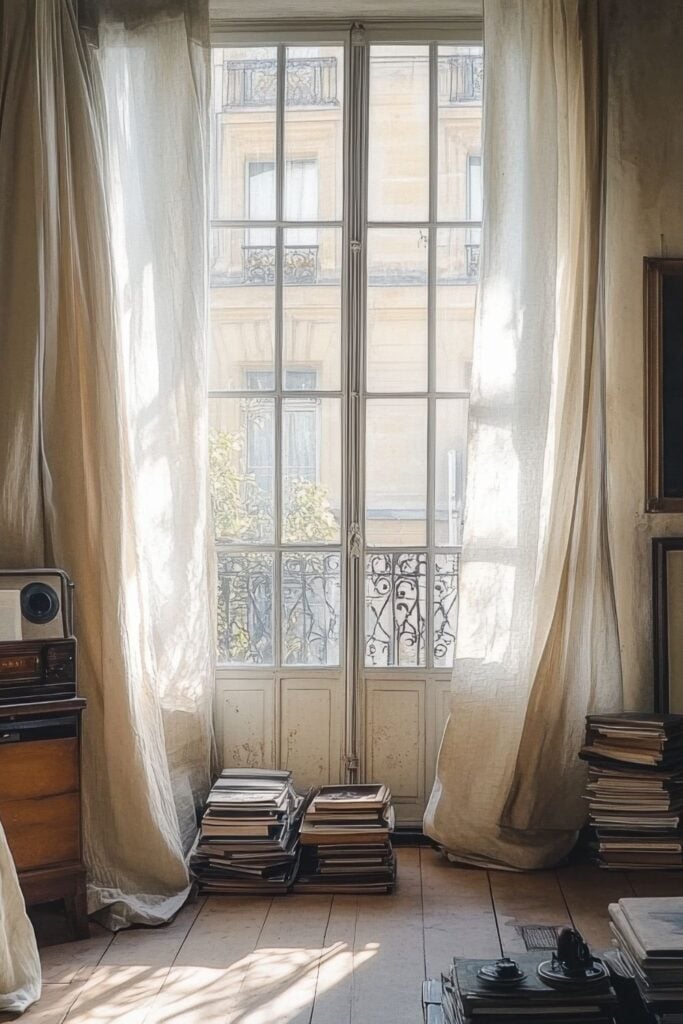 Sun-filled Parisian apartment interior with tall windows, billowing curtains, wooden floors and stacks of books beside French doors.