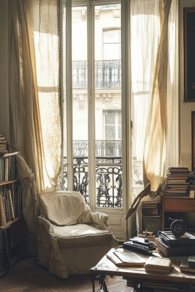 Parisian apartment interior with sunlight streaming through French doors with sheer curtains, featuring an armchair and stacks of books.