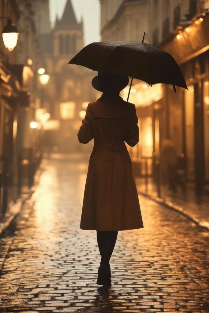 Silhouette of woman with umbrella walking on rainy Parisian cobblestone street at dusk with golden street lights creating a warm glow.