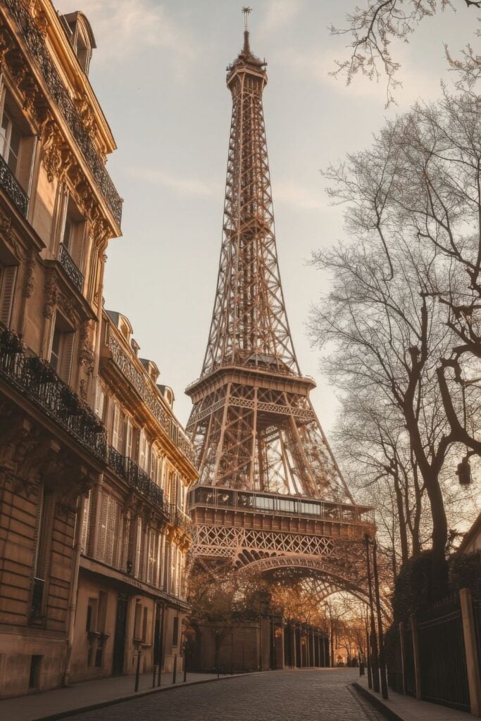 Photograph of the Eiffel Tower at golden hour viewed from a quiet Parisian street, with honey-colored light on Haussmanian buildings.