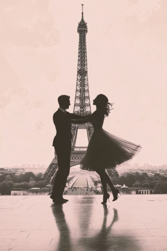Black and white silhouette of a couple dancing with the Eiffel Tower perfectly framed between them, creating a romantic shadow play.
