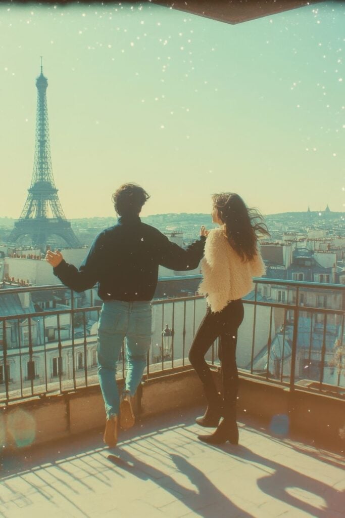 Vintage-style photograph with mint filter of a couple on a Parisian rooftop balcony looking at the Eiffel Tower, with tiny sparkling lights in the sky.
