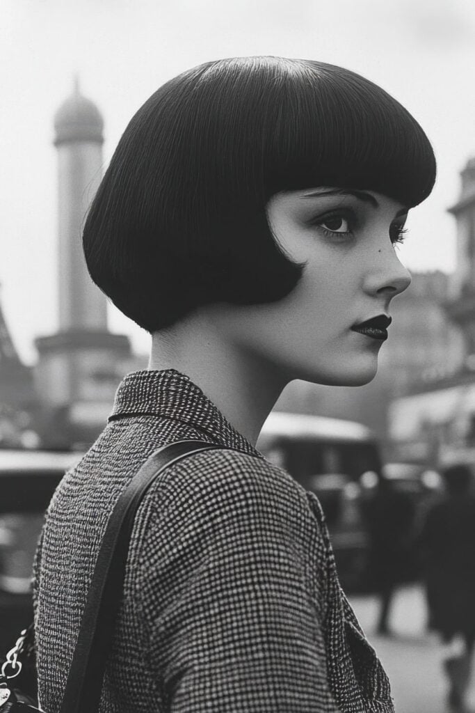 Vintage black and white close-up of stylish woman with bob haircut in Paris.