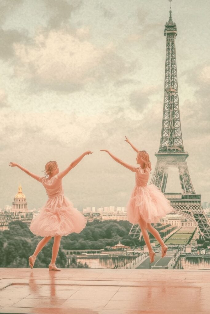 Two ballerinas in pink tulle dresses dancing on a platform with the Eiffel Tower in the background, captured in soft pastel vintage tones.