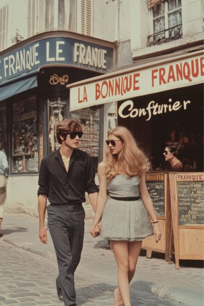 Vintage photograph of a stylish young couple in sunglasses walking past historic Parisian confectionery shops with classic storefront signage.