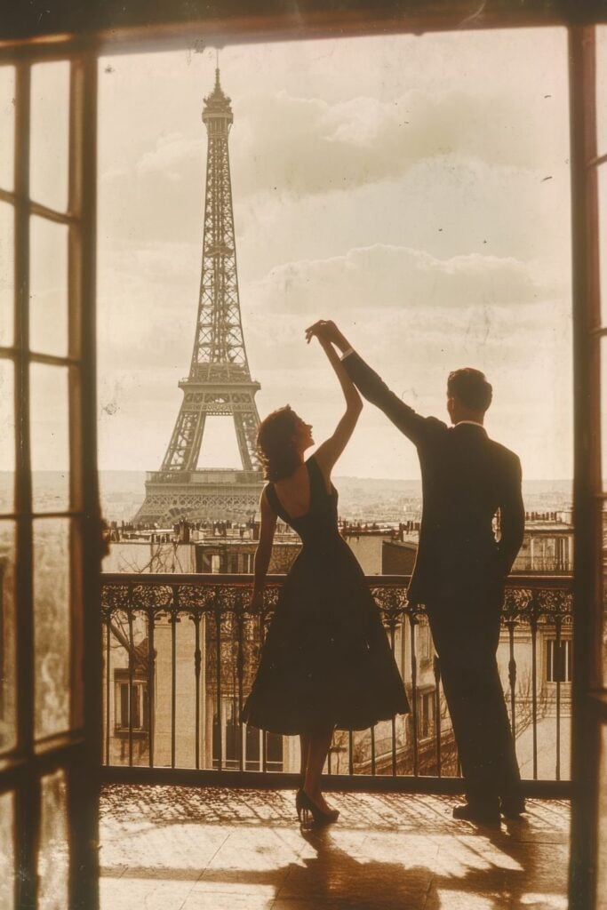 Sepia-toned silhouette of a couple dancing on a Parisian balcony with the Eiffel Tower perfectly framed through open French doors.