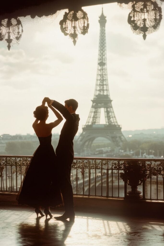 Silhouette of a couple dancing on a terrace with vintage chandeliers hanging above and the Eiffel Tower visible in soft focus beyond.