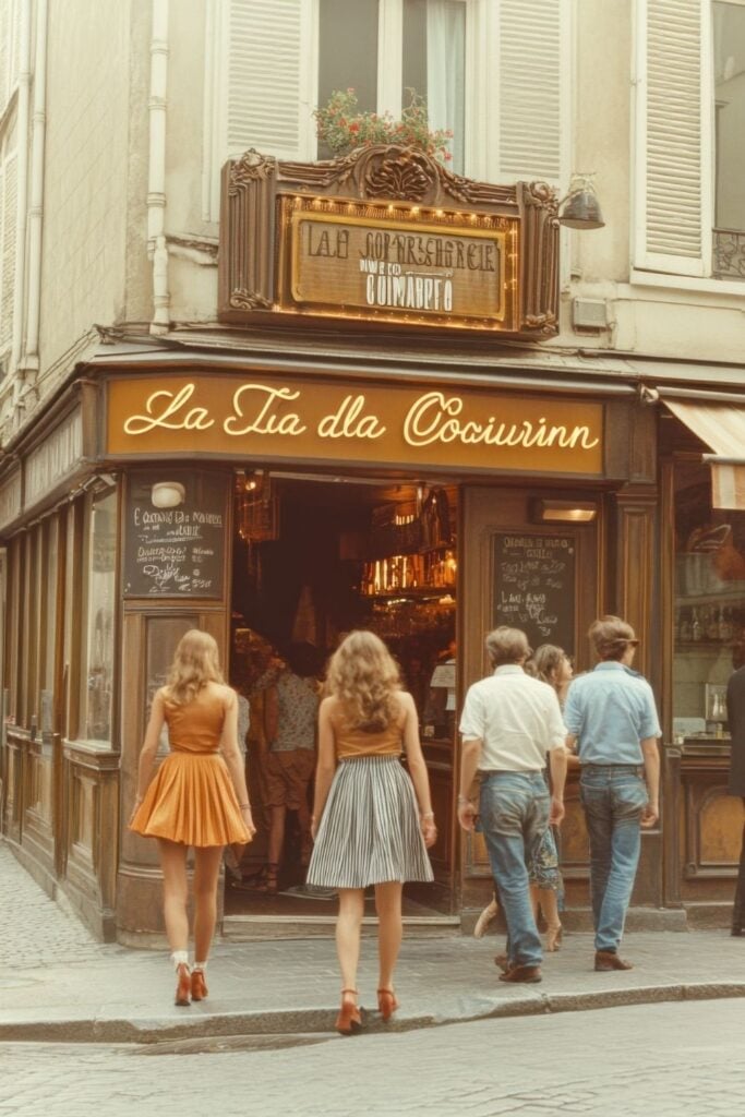 Vintage photograph of young women in 1960s summer dresses approaching a traditional Parisian corner bistro with classic gold lettering and wooden storefront.