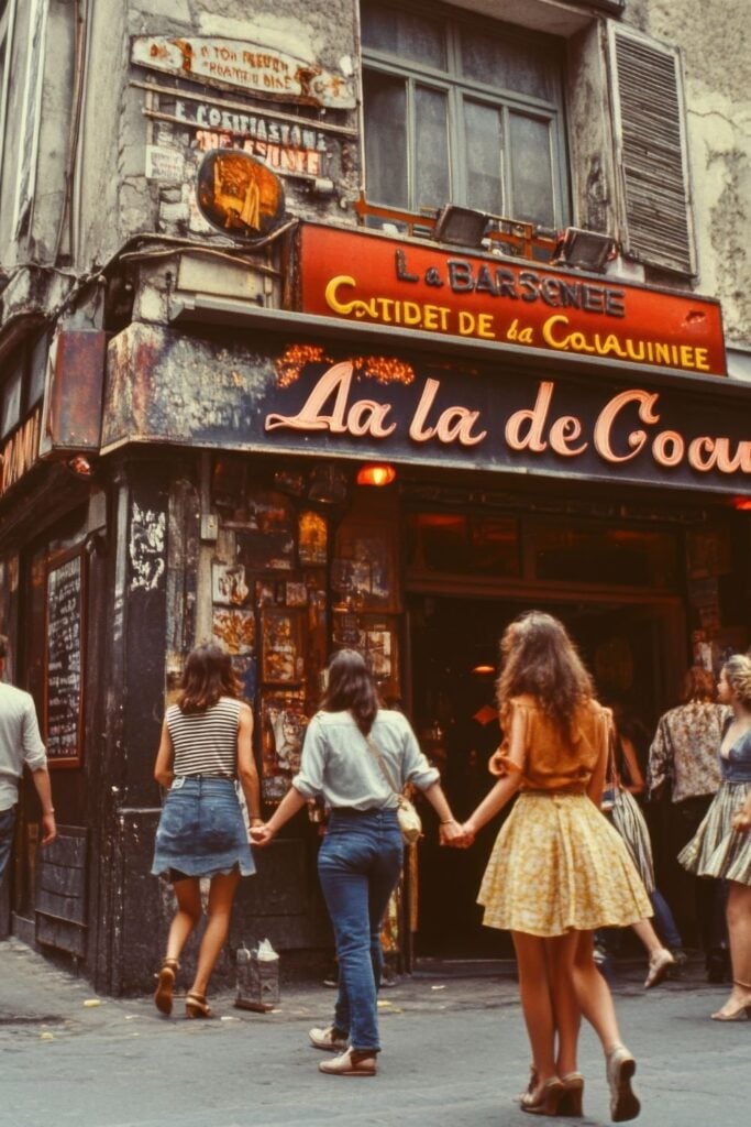 Vintage photograph of three young women holding hands walking into a weathered Parisian café with classic neon signage and aged storefront.