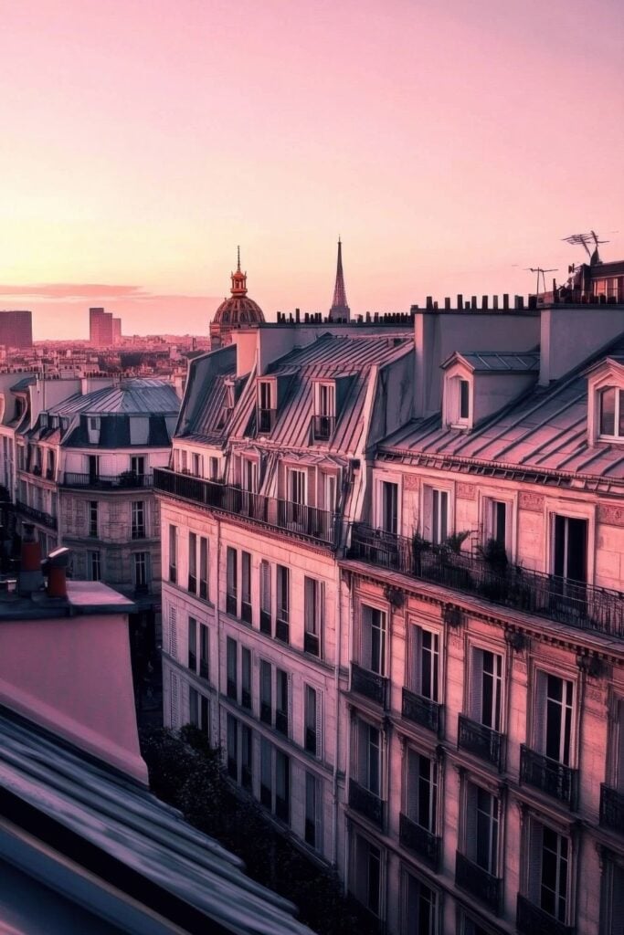 Parisian rooftops at sunrise bathed in pink light with the Eiffel Tower and Invalides dome visible in the distance.