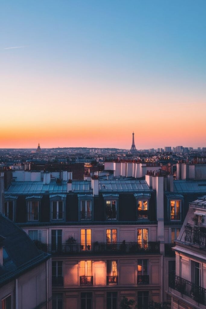 Sunset view over Parisian rooftops with glowing apartment windows and the Eiffel Tower silhouetted against an orange and blue gradient sky.
