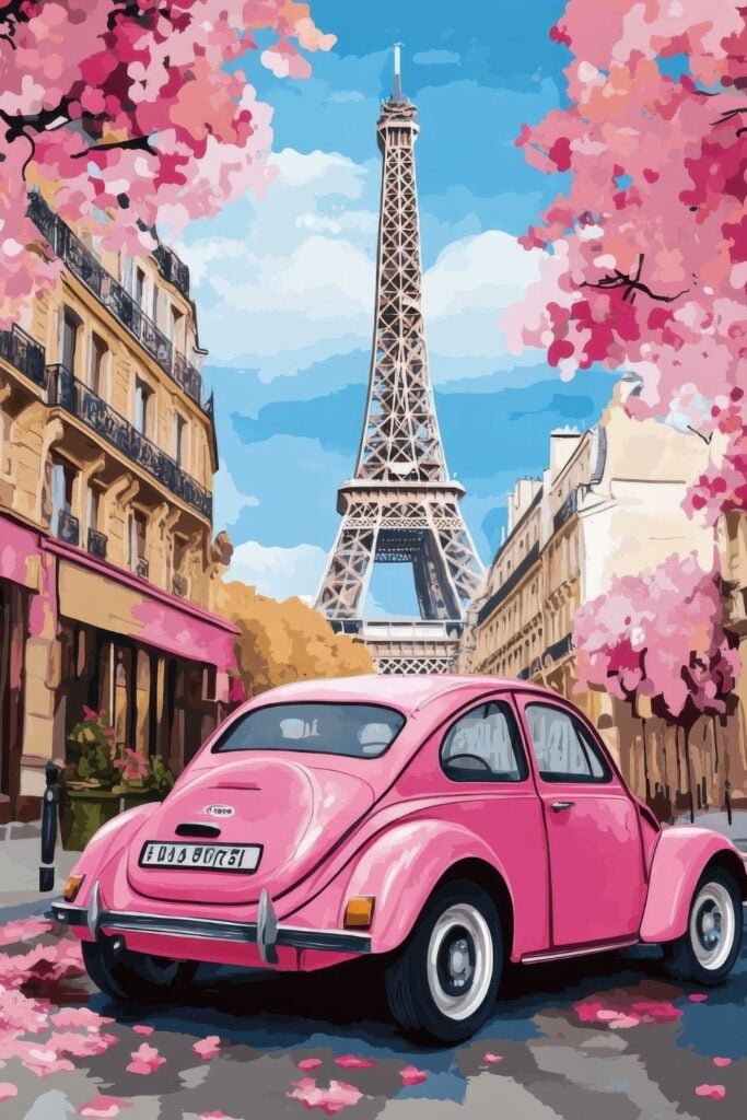 Stylized pastel scene with Eiffel Tower, cherry blossoms, and a pink vintage car.