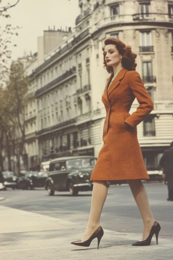 Retro-chic woman in orange coat walking confidently through Paris streets.