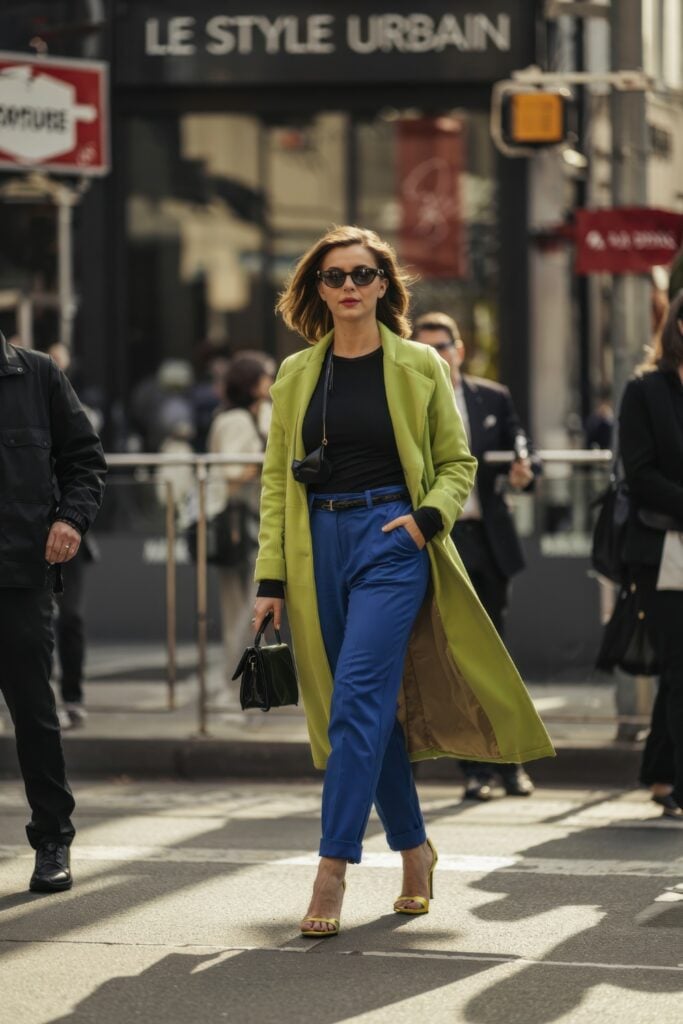 Woman in lime green coat, black top, and cobalt trousers with yellow heels crossing a busy Paris street