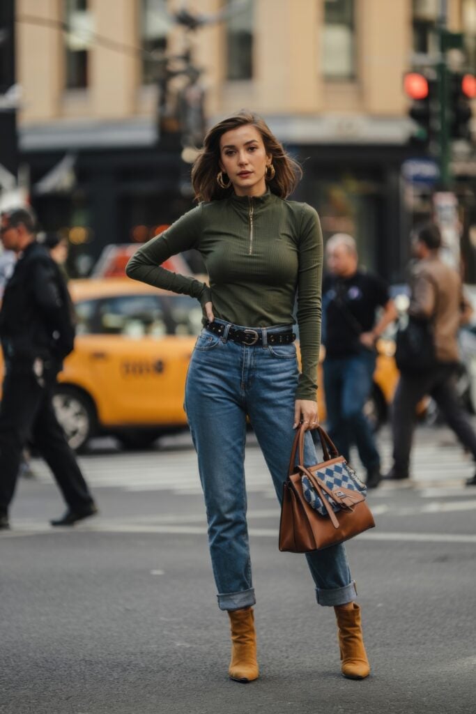 Woman in olive green top, cuffed jeans, and brown boots standing confidently on a city street with a handbag