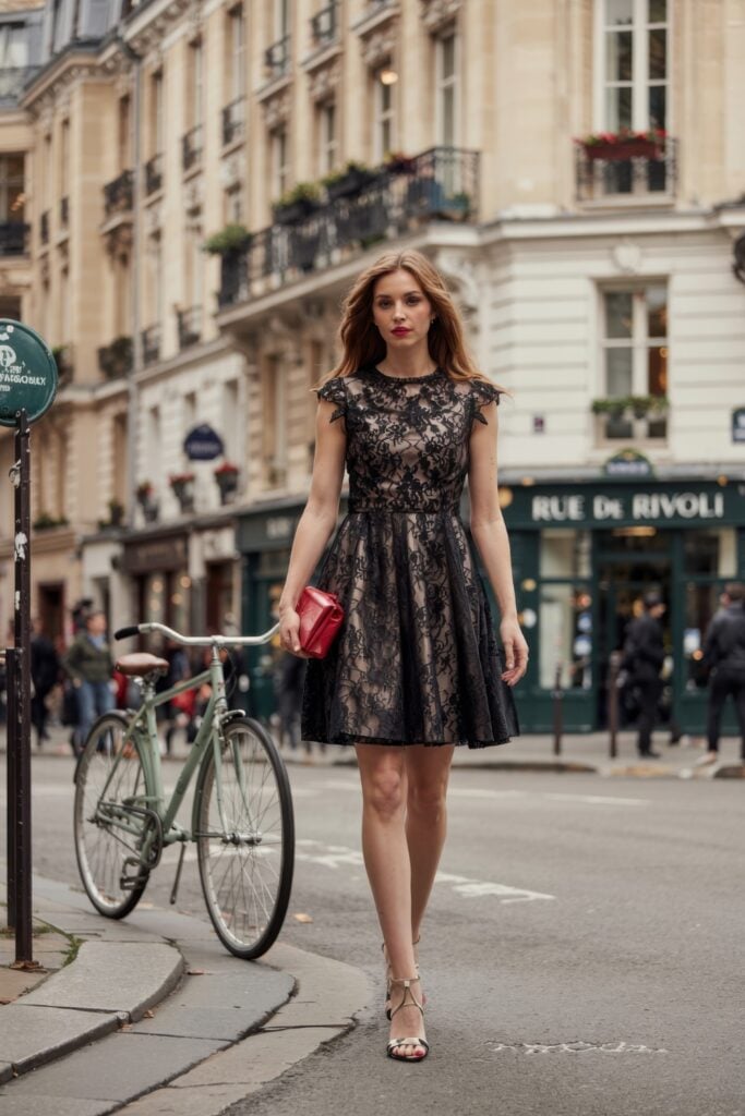 Woman in sheer black embroidered dress with red clutch walking past a Paris café