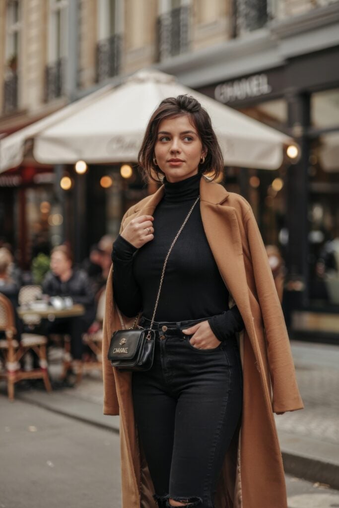 Woman in camel coat and black turtleneck with crossbody bag outside a Paris café