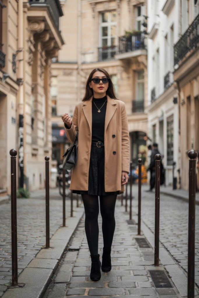 Woman in camel coat and black mini skirt with tights and ankle boots walking through a cobblestone Paris alley