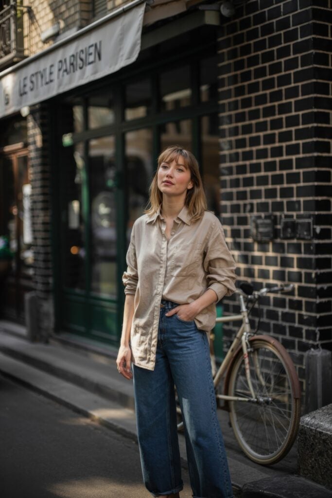 Woman in beige shirt and wide-leg jeans posing in front of a black brick building with a vintage bike