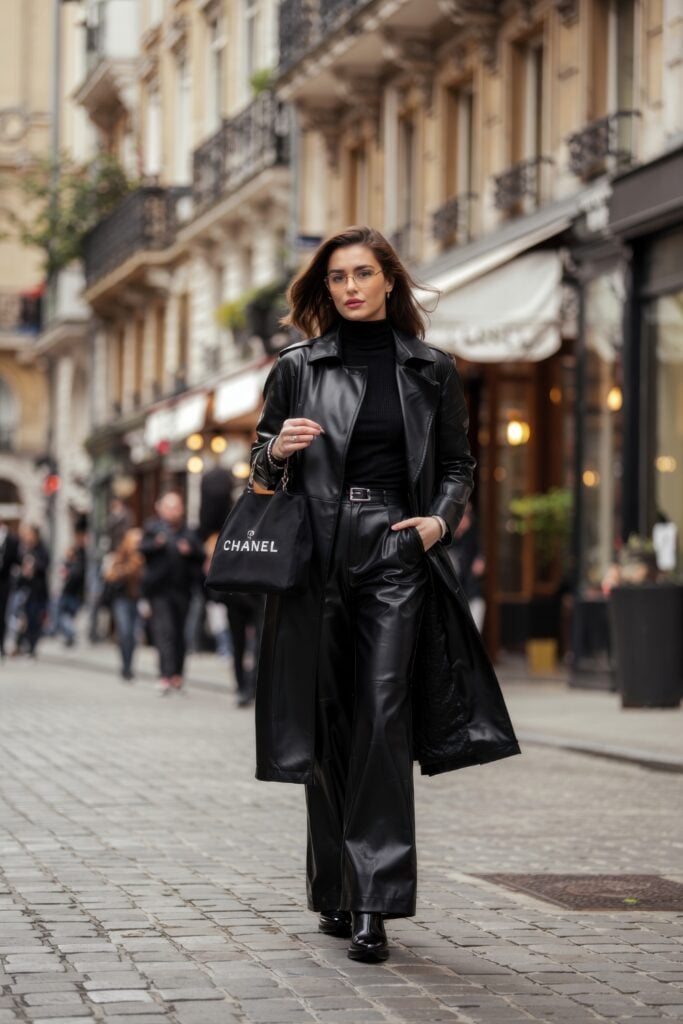 Woman in full black leather outfit and Chanel tote walking confidently through a Paris street