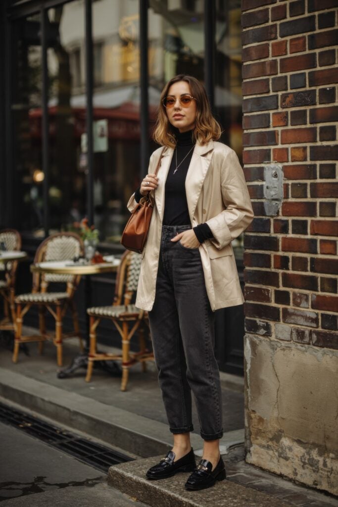 Woman in beige blazer and black turtleneck with rolled jeans and black loafers leaning casually near a Paris café