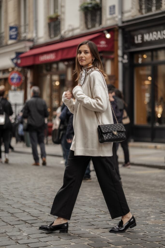 Woman wearing a cream oversized sweater, printed scarf, black cropped pants, and black patent loafers walking through Paris’ Marais district with a quilted black bag.