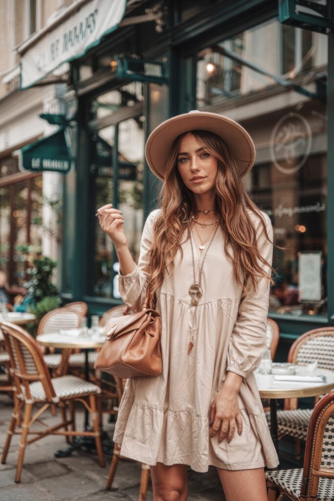 Woman in a loose beige dress, tan wide-brim hat, and leather shoulder bag standing outside a Paris café with rattan chairs and green awnings.
