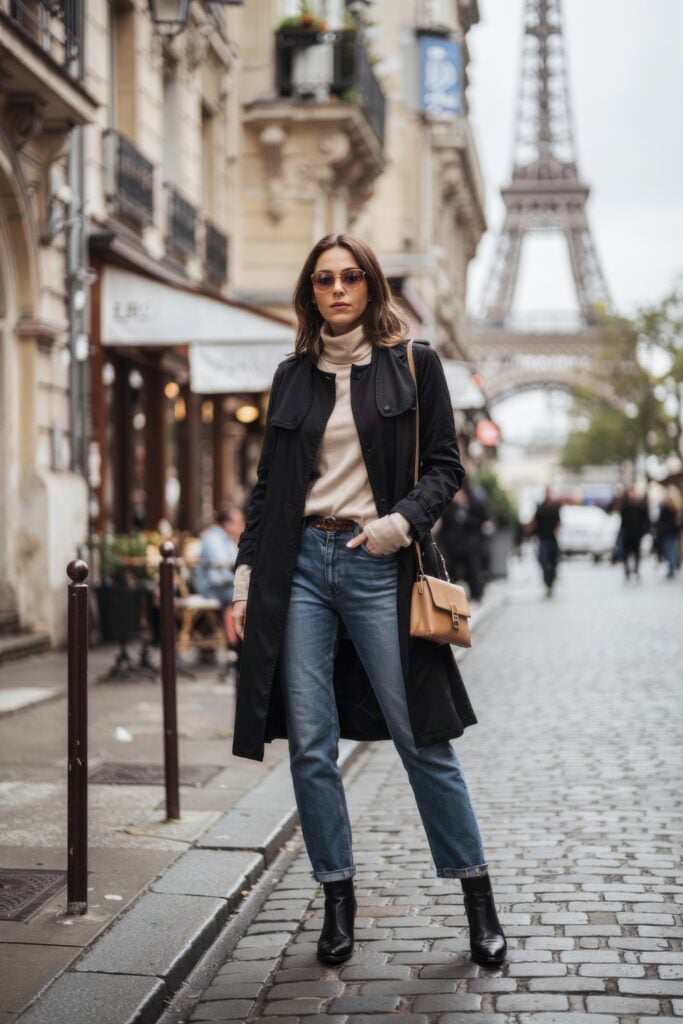Woman standing on a cobblestone street near the Eiffel Tower, wearing a long black coat, beige turtleneck, straight-leg jeans, and black ankle boots.