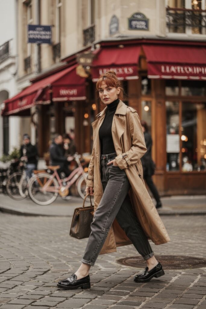 Woman in a tan trench coat, black turtleneck, rolled-up grey jeans, and black patent loafers walking across a Paris cobblestone street.