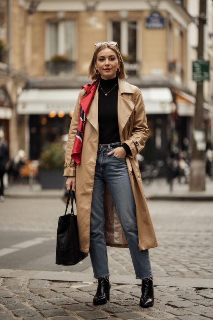 Woman wearing a tan trench coat, black top, blue jeans, and red scarf standing on a cobblestone Paris street with a black tote bag.