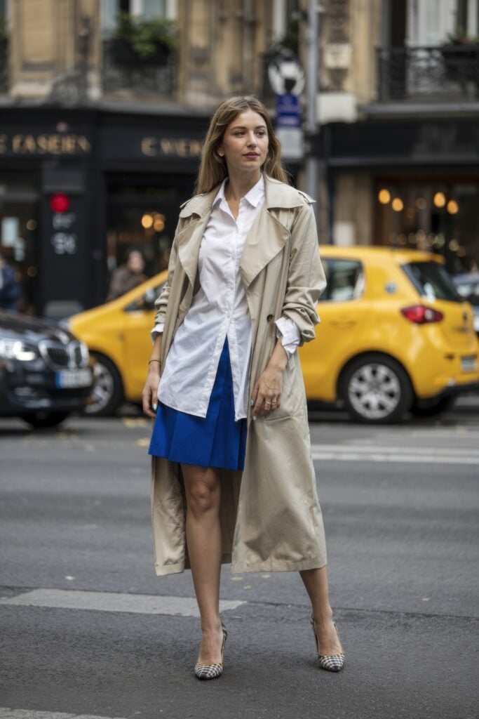 Woman wearing a white button-up shirt, royal blue mini skirt, long beige trench, and patterned heels crossing a Paris street.