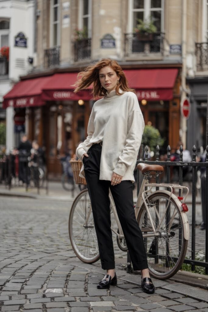 Woman in an ivory sweater, black tailored trousers, and black patent loafers standing by a vintage-style bicycle on a cobblestone Paris street.