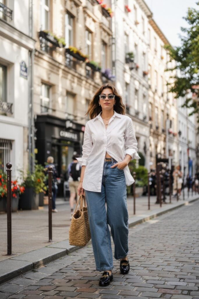 Woman in an oversized white shirt, high-waisted light jeans, black loafers, and carrying a woven straw tote walking down a sunny Paris street.