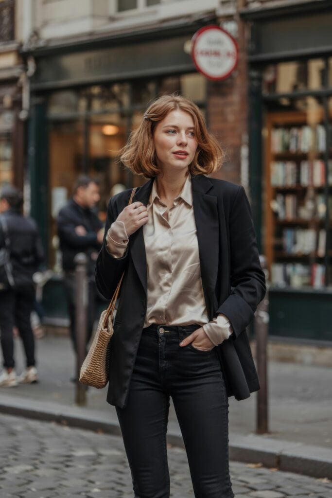 Woman wearing a champagne silk shirt, black blazer, skinny black jeans, and a straw shoulder bag walking through a classic Paris bookstore district.