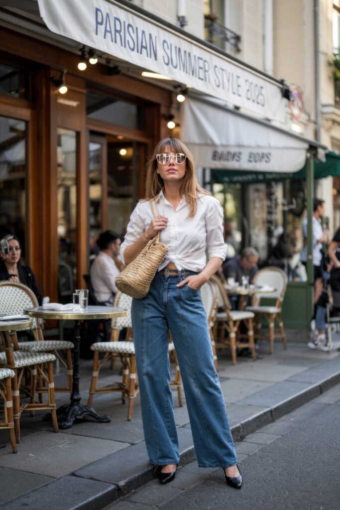 Woman in a knotted white shirt, wide-leg jeans, black heels, and reflective sunglasses holding a straw bag in front of a Paris café.