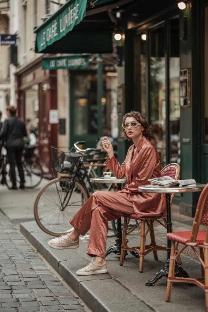 Woman in a silky rust-colored pantsuit and pink sneakers sitting at a café table in Paris with a coffee and sunglasses.