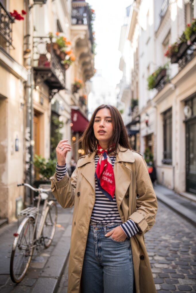 Woman wearing a tan trench, striped long-sleeve top, and red neck scarf walking her bike through a charming Paris alleyway.