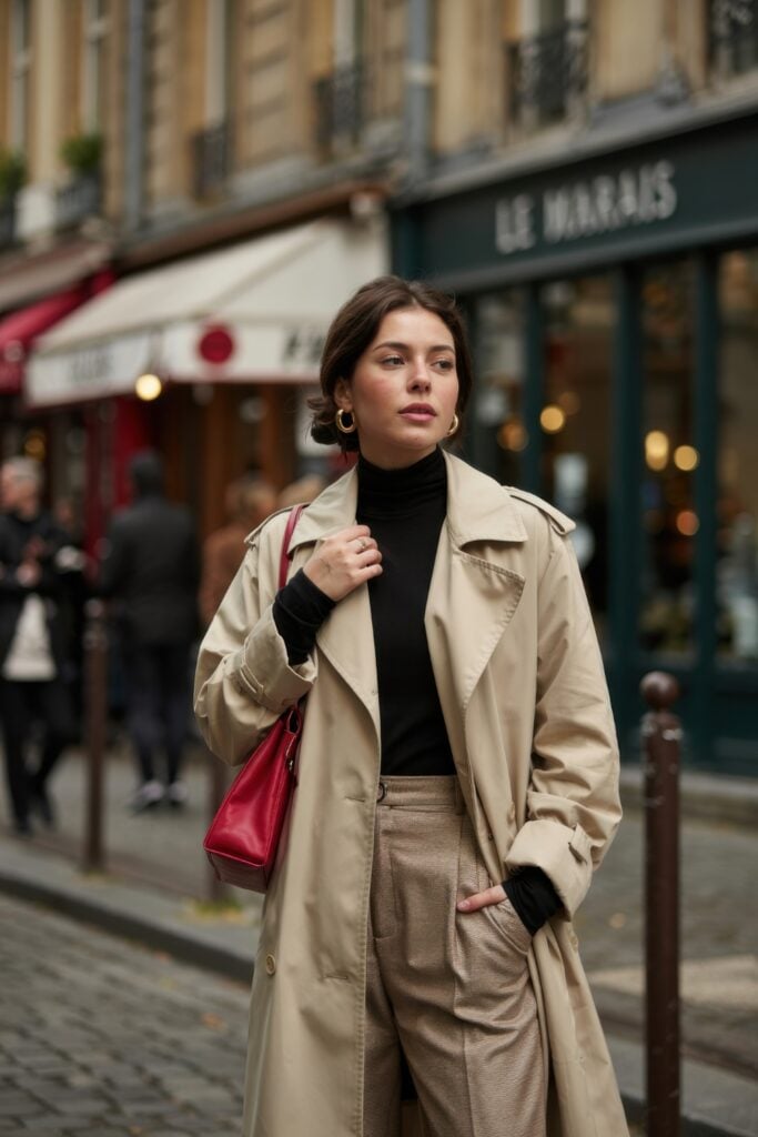 Woman in a beige trench coat, black turtleneck, tan trousers, gold earrings, and a red handbag walking through the Marais district in Paris.