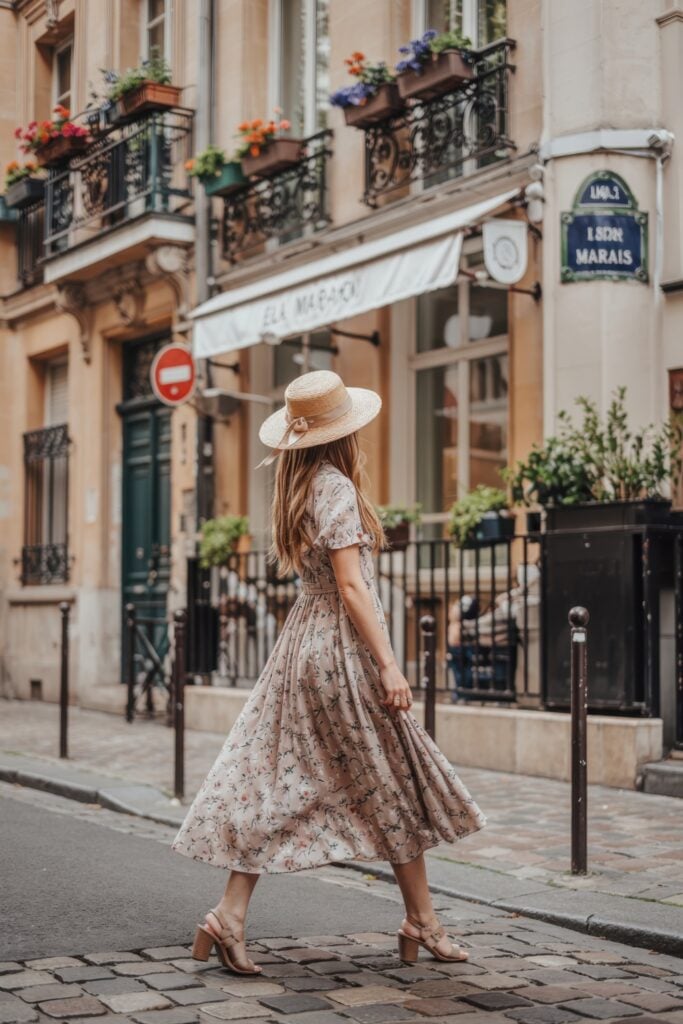Woman in a flowing floral midi dress, straw hat, and block heels walking down a cobblestone street lined with Parisian balconies and flower boxes.