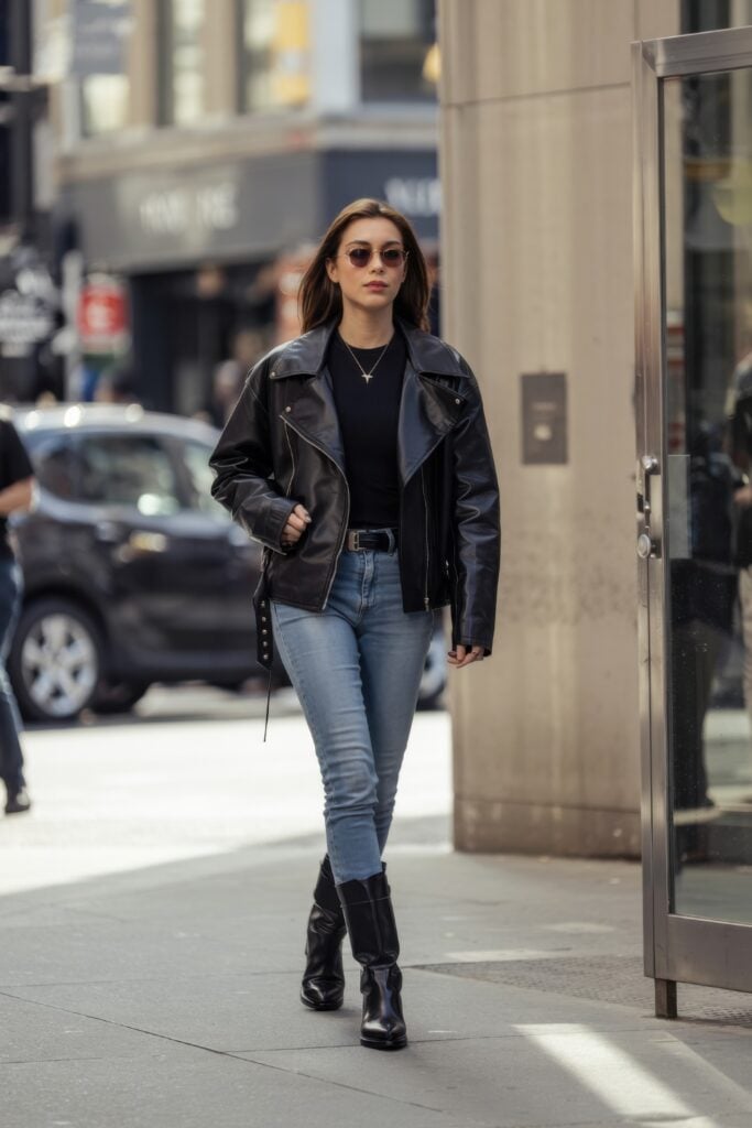 Woman in black leather jacket, skinny jeans, and black boots walking confidently down a Paris sidewalk