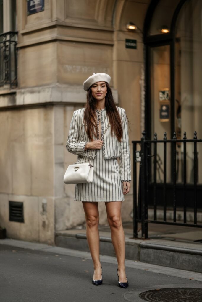 Woman in striped skirt suit and white beret posing in front of classic Parisian architecture