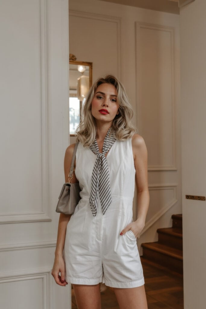 Woman wearing a Paris summer outfit with white sleeveless romper with striped neck scarf and small handbag in a Parisian apartment setting