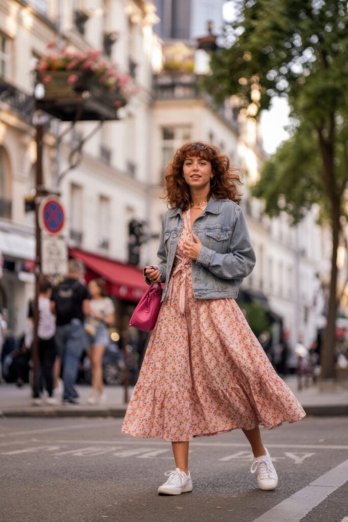 Woman walking in pink Paris summer outfit floral dress with denim jacket, pink purse and white sneakers on Parisian street