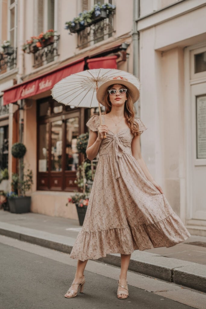 Woman wearing beige polka-dot Paris summer outfit dress with parasol and straw hat standing on Parisian street