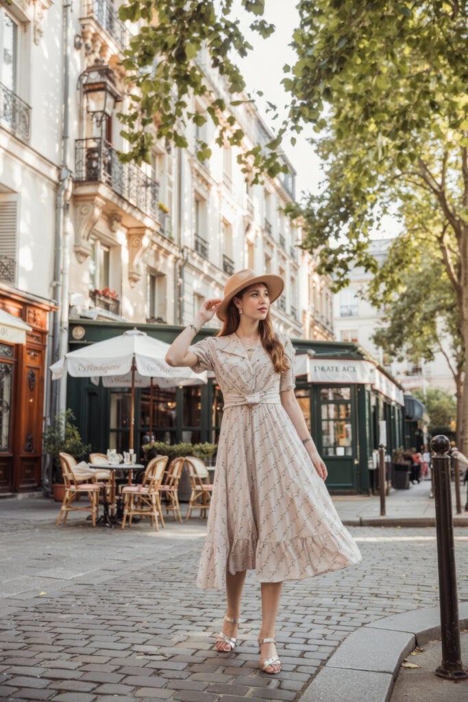 Woman in beige patterned dress with wide-brimmed hat standing on cobblestone street near Parisian café