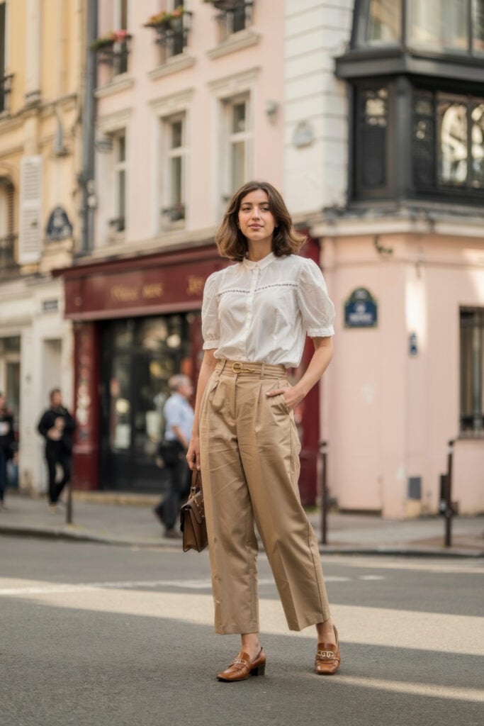 Woman in white blouse with embroidery detail and beige wide-leg trousers on Parisian street
