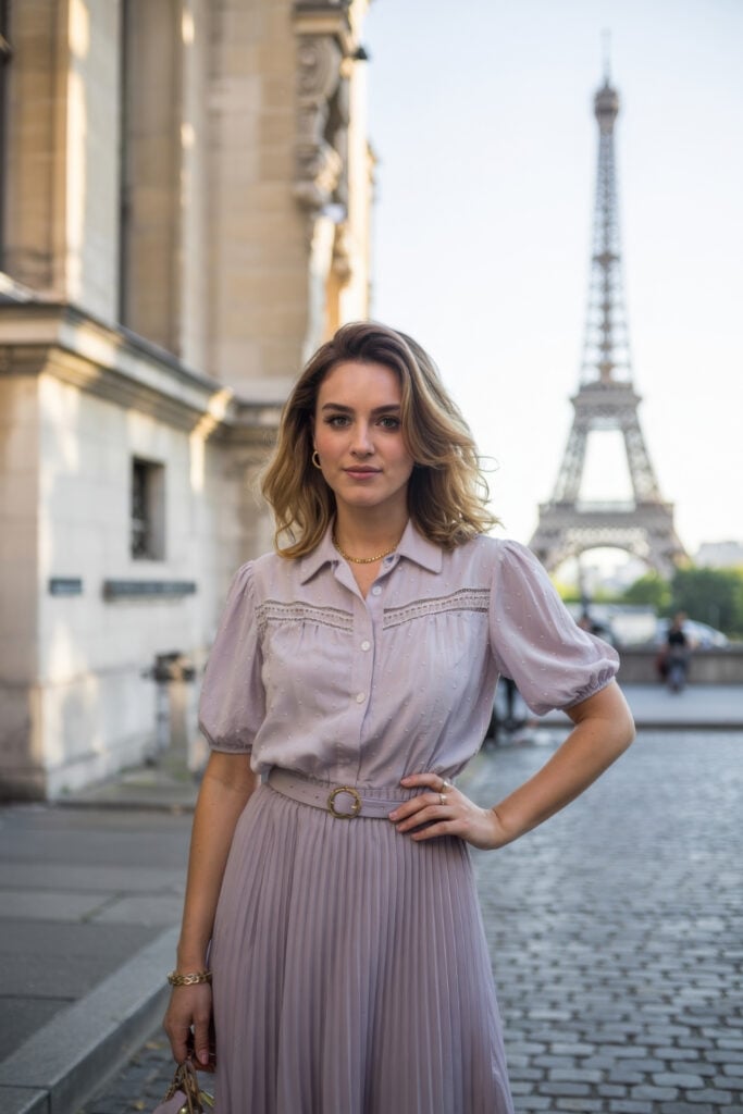 Woman in matching lavender blouse and pleated skirt with belt standing near Eiffel Tower