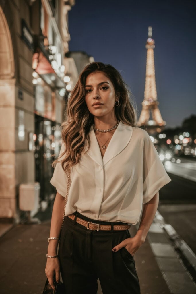 Woman wearing white blouse with black trousers against nighttime Eiffel Tower backdrop